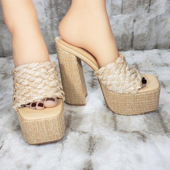 ☆ Cape Robbin Yara Nude Braided Strap High Block Heel Slip On Heeled Sandals - Picture 4 of 15